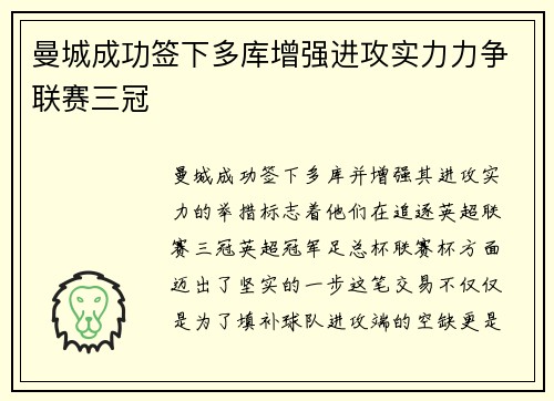 曼城成功签下多库增强进攻实力力争联赛三冠 曼城成功签下多库增强进攻实力力争联赛三冠