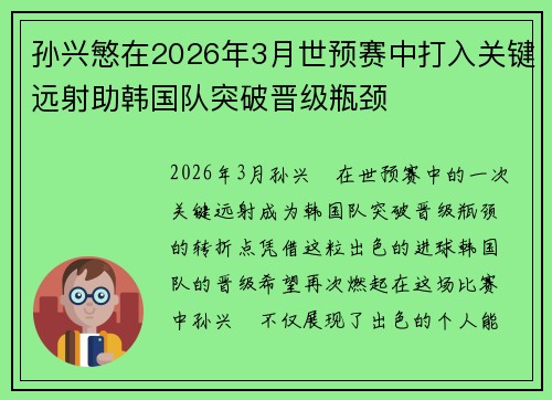 孙兴慜在2026年3月世预赛中打入关键远射助韩国队突破晋级瓶颈