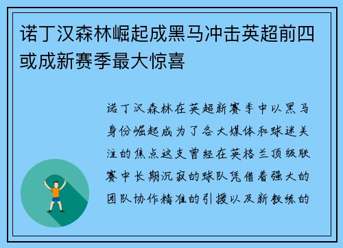 诺丁汉森林崛起成黑马冲击英超前四或成新赛季最大惊喜